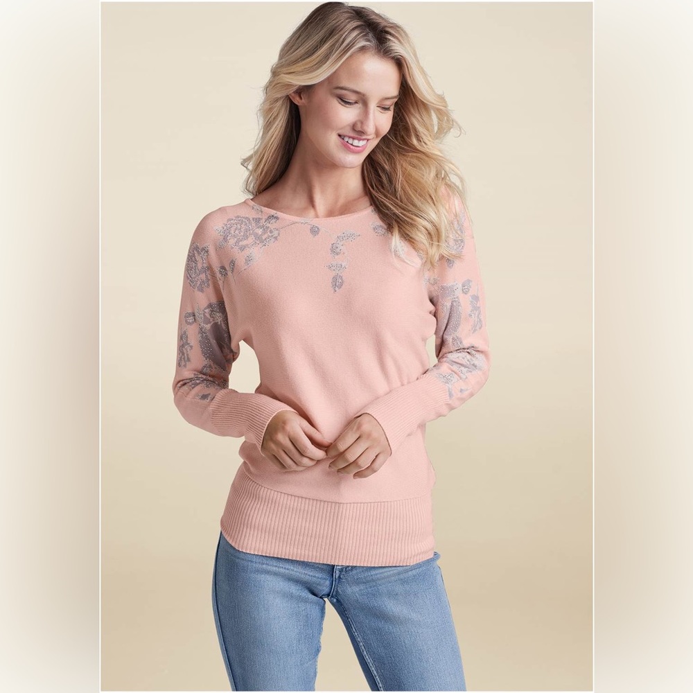 Venus sweater, medium, rhinestones, floral, roses